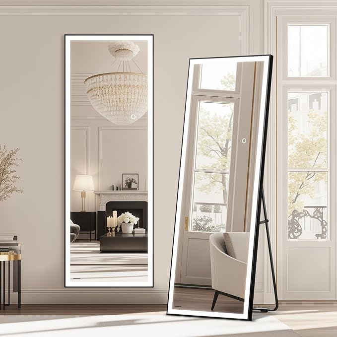 64x22 Full Length Mirror, Dimmable 3 Color LED Light w/Light Memory, Distortion Free Silver Coating Mirror, HD Reflection &Anti Desilvering,Tempered Glass &Shatter Proof Film Doubles Safety