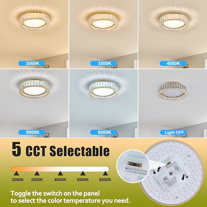 15 Inch Gold Modern Crystal Flush Mount Chandelier,Large Dimmable LED 5CCT 3000K-6000K 36W Round Close to Ceiling Lighting Fixtures for Dining Room,Kitchen,Living Room,Bedroom