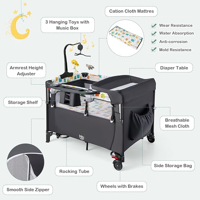BABY JOY 5-in-1 Pack and Play, Baby Bedside Sleeper with Bassinet, Multifunction Bedside Crib from Newborn to Toddlers, U-Shaped Diaper Changer, Playard, Safety Strap, Music Box & Hanging Toys