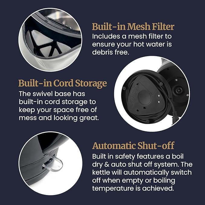 Elite Gourmet EKT8690X 1.7L Electric Tea Kettle 1500W, Hot Water Heater Boiler BPA-Free, Fast Boil, Water Level Window and Auto Shut-Off, Black