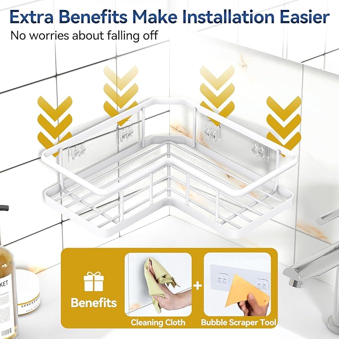 YASONIC Corner Shower Caddy Organizer, 5-Pack Self-Adhesive Rustproof Bath Shelves with Soap Holder & 4 Hooks, Large Capacity Shower Storage Rack for Bathroom Organization, White