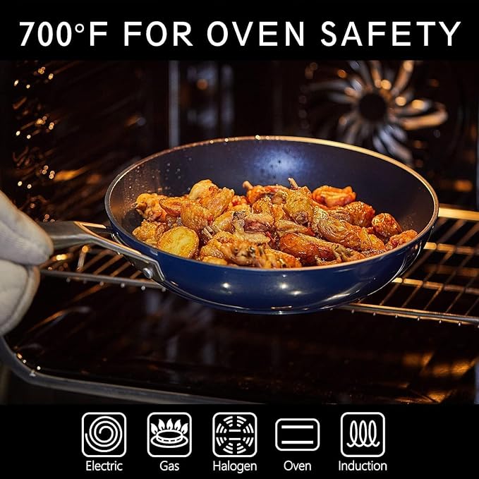 MsMk Frying pans nonstick with lid Blue, 10-inch Durable skillet, Titanium and Diamond Non Stick Non-Toxic Coating From USA, Even Heating, Easy Clean-Up, Comfortable Handle, Induction Compatibility