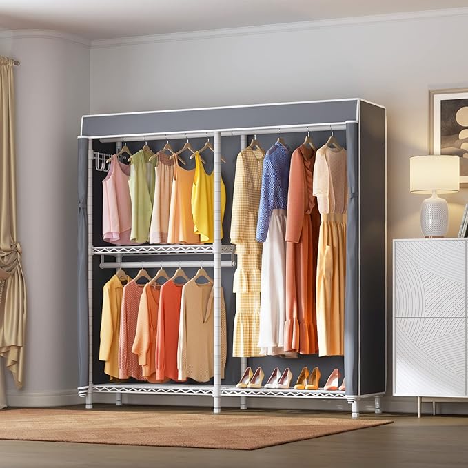 VIPEK V4C Heavy Duty Adjustable Clothing Rack, White Metal Closet Rack with Grey Cover, 57.9" L x 17.3" W x 76.4" H, 3 Hanging Rods & Side Hooks, Portable Closet