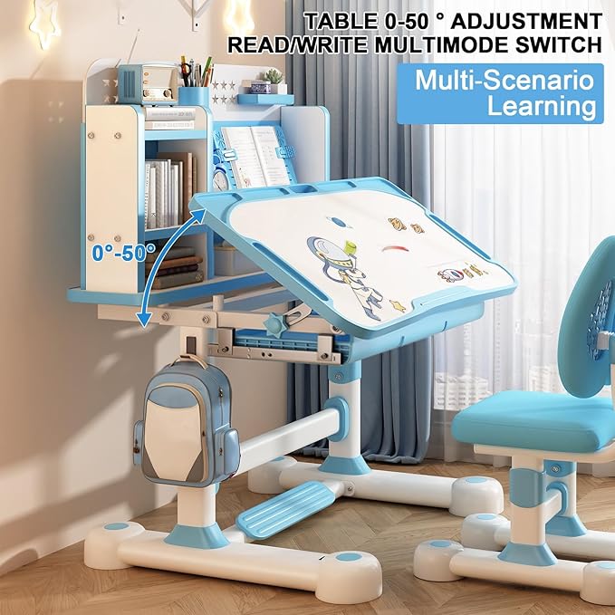 Gifts for Kids, Kids Desk and Chair Set, Desk for Kids 3-12, Multi-Functional Storage and Spacious Desktop for Learning, Painting, Eating, DIY Crafts Blue Gift for Friends