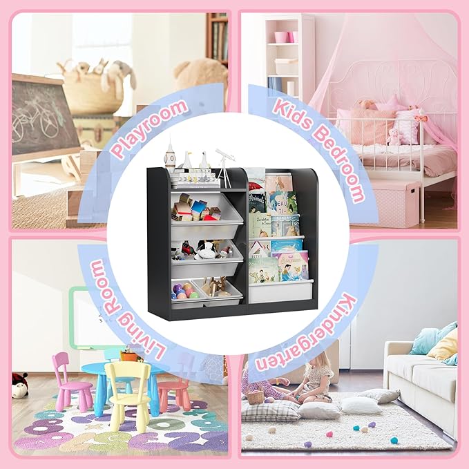 Black Kids Wood Bookshelf Toy Storage Box Organizer Shelf W/4 Removable Plastic Toy Bins Children Bookcase Toddler Baby Sling Book Rack Cabinet Chest Girl Boy Gift Playroom Classroom Bedroom Nursery