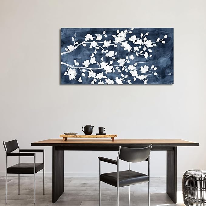NINEASO Abstract Flowers Canvas Wall Art - Gray White Tree Floral Branches Pictures Wall Decor White Blossom Deep Indigo Blue Background Painting Artwork for Living Room Bedroom Home Decor 24" x 48"