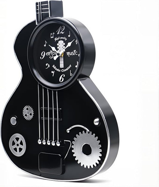 Metal Guitar Wall Clock Musical Decor for Music Lovers,H16 inches Guitar Players, Music Teachers, Studio, Bedroom, Office Silent Non-Ticking Clock – Black Industrial Steampunk Style Gift for Men