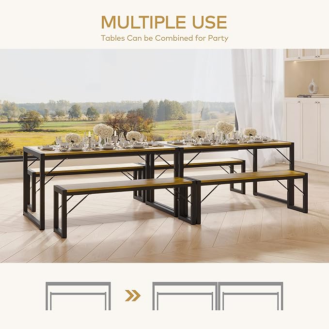 Gizoon 45.5" Dining Table Set for 4 with 2 Benches, Kitchen Table Set with Metal Frame & MDF Board, Space-Saving Dinette for Kitchen, Dining Room -Retro