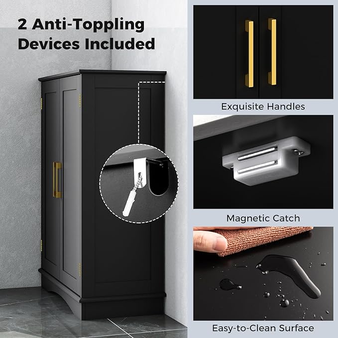 Tangkula Bathroom Floor Storage Cabinet, 31.5" H Freestanding Pantry Cabinet with 2 Doors and Adjustable Shelves, Kitchen Cupboard for Living Room, Dining Room, Bathroom (Black, 31.5" H)