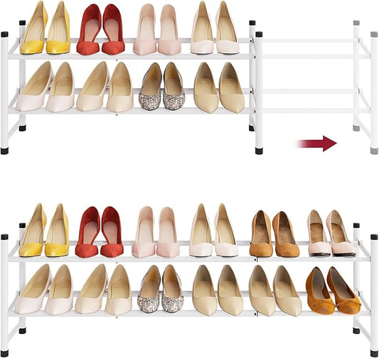 Tajsoon Expandable Shoe Rack for Closet 2 Tier, 28“-41“ Adjustable & Stackable Shoe Shelf Storage, Metal Shoe Rack Organizer for Front Door Entrance, Closet, Garage, Entryway, White