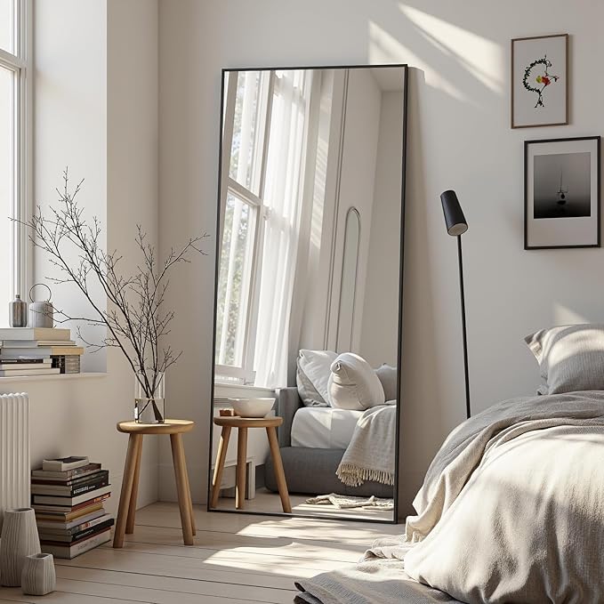 Full Length Mirror, 58"x21" Oversized Floor Mirror Freestanding, Full Body Mirror Floor Standing Mirrors with Stand, Hanging Mounted Mirrors for Bedroom Living Room, Black, Rect Style