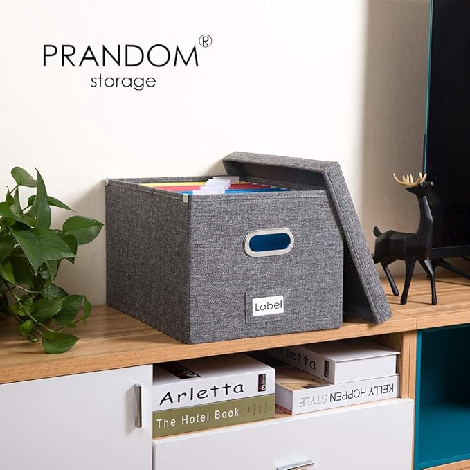 PRANDOM File Organizer Box - Set of 2 Collapsible Decorative Linen Filing Storage Hanging File Folders with Lids Office Cabinet Letter/Legal Size Grey (17x14x11.2 inch)