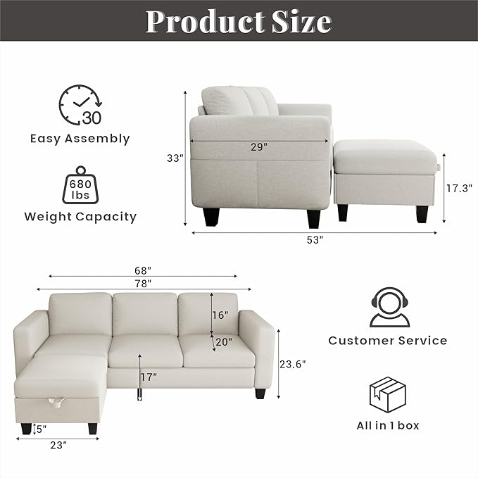 Sectional Sofa Couches for Living Room - L Shaped Cloud Couch-Small Modular 3 Seat-Comfy Linen with Storage Deep Seat Sofa,Washable Covers-Suitable for Living Room-Apartment-Office-Beige