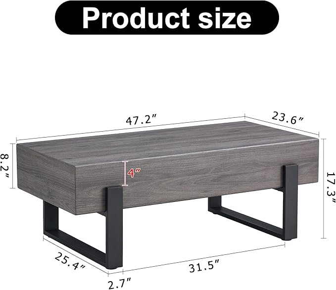 47.2'' Rectangular Coffee Table Morden Grey Table Top Black Legs for Living Room Office