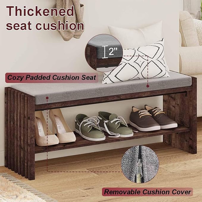 BON AUGURE Entryway Bench with Shoe Storage, 2-Tier Shoe Rack Bench with Cushion, Wood Benches for Bedroom, Living Room, Mudroom, Hall (Rustic Oak, 40 in Wide)