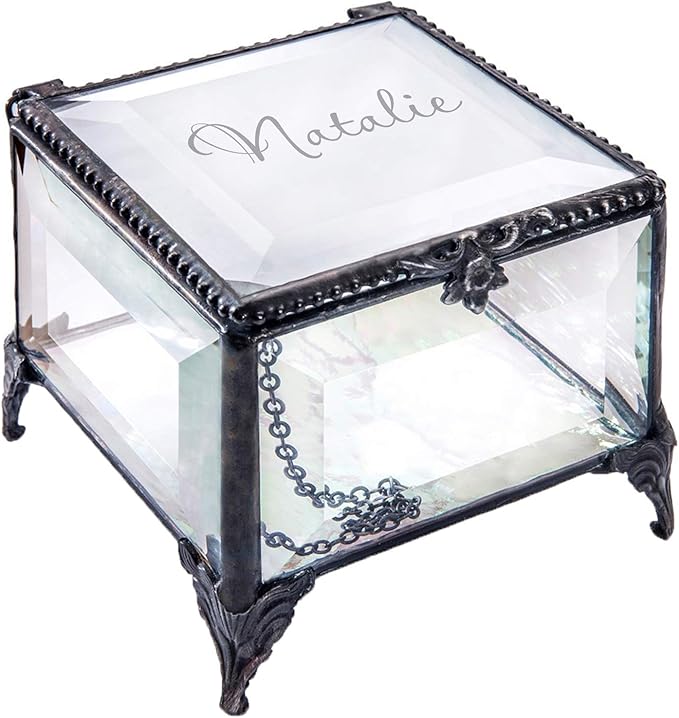 Personalized Clear Beveled Glass Box Decorative Vanity Display Case Storage Jewelry Organizer Keepsake Gift for Her Girl Women Vintage Decor J Devlin Ellen Box 326 EB245