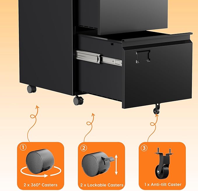 2 Drawer Mobile File Cabinet, Metal Under Desk Cabinet with Lock Name Card Holder for Office Home, Legal/Letter Size, W14.57”x D17.36”x H25.79”, Assembly Required