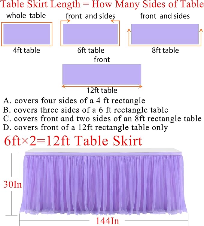 2 Pack 6ft Purple Table Skirt for Baby Shower Girl Lavender Tutu Table Skirts for Rectangle Tables or Round Tables Tulle Table Cloth for Parties Mermaid Butterfly Elephant Birthday Wedding Decorations