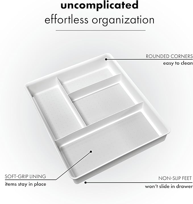 Madesmart Classic 4-Compartment Drawer Organizer Gadget Tray, Plastic Multipurpose Storage Bin for Drawers, White