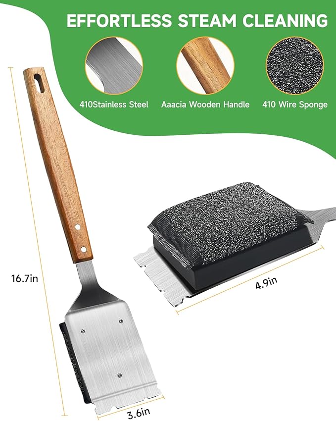 Grill Brush Cleaning BBQ Outdoor: GEEKHOM Bristle-Free Steel Fibers Scraper for Any Grill/Flat Top Griddles - with 1 Replaceable Head - Perfect for Safe & Efficient Grilling