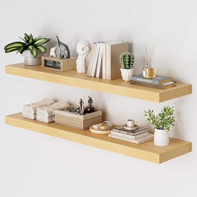 Heimlove 48W x 12D Long Floating Shelf, 12 Inch Deep Floating Shelves for Wall Set of 2, Wood Shelves for Bedroom Living Room Bathroom Kitchen Home Office, Wall Shelves with Heavy Duty Bracket, Oak