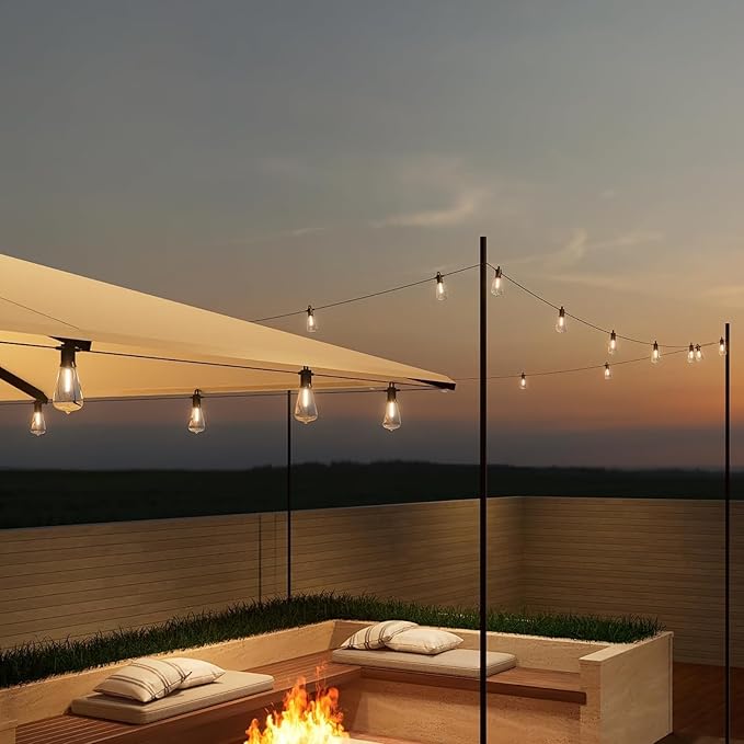 Outdoor String Lights 50 ft, LED Patio Lights with 27（25+2 Spare ST38 Shatterproof Bulbs, IP 65 Waterproof, Outside Hanging Light for Cafe Bistro Backyard