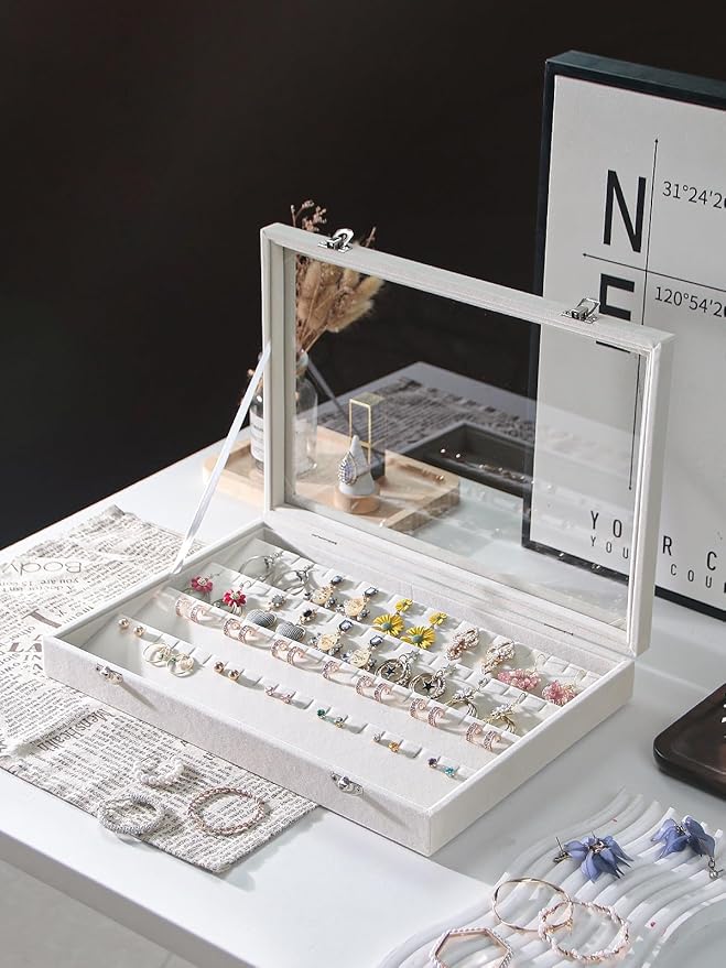 Coward Earring Organizer Tray Box, Beige Velvet Earring Jewelry Display Storage Tray Case with Transparent Glass Lid for Home Drawer or Shop Selling