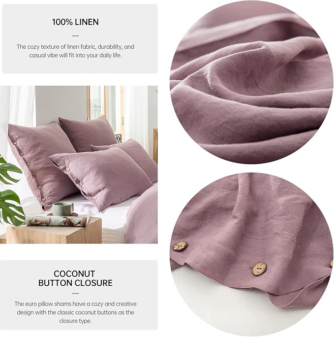 Simple&Opulence 100% Washed Linen Euro Sham Cover, 26 x 26 Inch, Decorative Bed Pillow Cover with Coconut Button, Solid Color Pillow Shams Set of 2 (Purple)