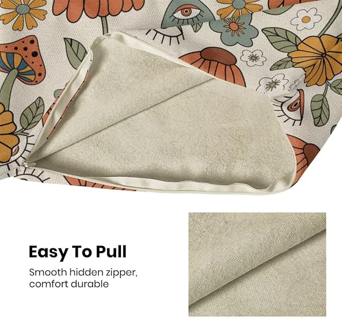 BETGINY Boho Throw Pillow Covers 16x16 Set of 2, Yellow Orange Fun Cute Mushrooms Retro Decorative Outdoor Pillow Covers 70s Vintage Floral Linen Farmhouse for Couch Sofa Summer Home Decor