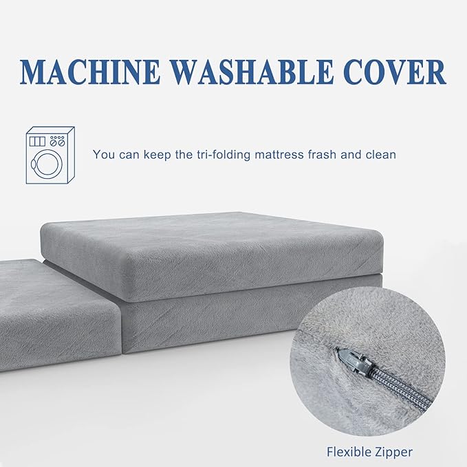 SINWEEK Tri Folding Mattress Foam Topper 4" Thickness Floor Cot Mattress, Guset Bed with Removable&Machine Washable Cover and Lining, CertiPUR-US Certified 25 x 75 Inch