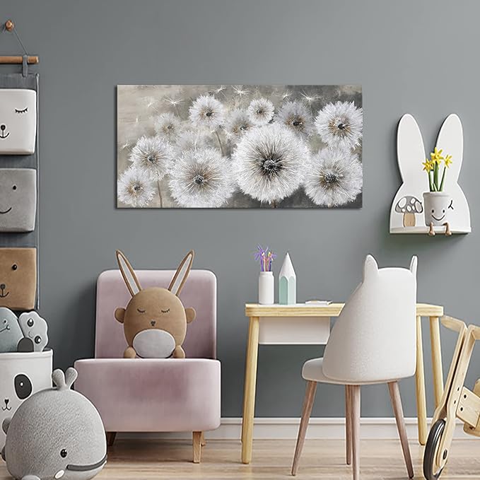 Pogusmavi Wall Art for Living Room & Bedroom - Large Canvas Wall Decor, 24x48, Gray Dandelion Artwork