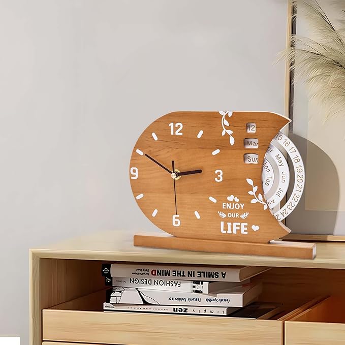 2-in-1 Wooden Analog Clock & Calendar - Silent No Ticking Desk Clocks Perpetual Calendar for Office, Bedroom, Study - Vintage Home Shelf Table Decor - Flip Date, Month & Day of The Week