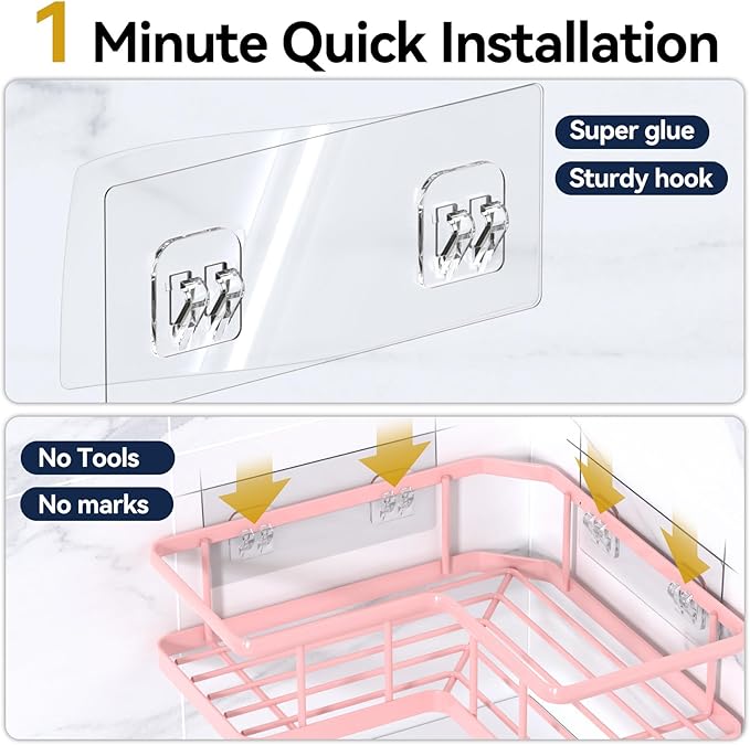 YASONIC Corner Shower Caddy Organizer, 3-Pack Self-Adhesive Rustproof Bath Shelves with Soap Holder & 4 Hooks, Large Capacity Shower Storage Rack for Bathroom Organization, Pink