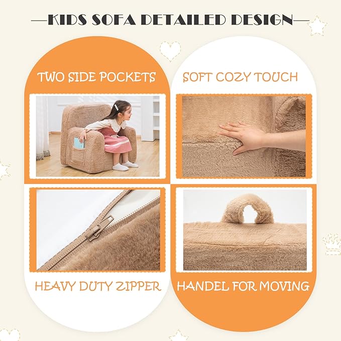 Snuggly-Soft Cuddly Toddler Plush Armchair for Boys and Girls Fuzzy Plush Kids Sofa Couch Reading Chair with Children Friendly Handle for Easy Movement & Double Pockets for Good Storage, Camel