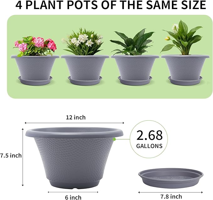 Quarut 12 Inch Large Planter Pot for Plants Indoor Outdoor, 4 Pack Plastic Flower Pots with Drainage Hole & Tray, Modern Decorative Garden Pot with Saucer, Plant Container for House Grey