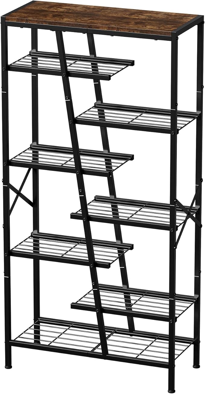 Shoe Rack, 8 Tier Boot Rack, Wooden Storage Organizer for Tall Boots, Large Capacity Metal Shoe Shelf Holds 12-15 Pairs of Shoes, Durable and Stable, for Entryway, Closet, Rustic Brown