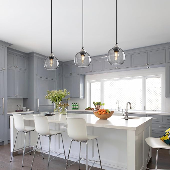 Light Grey Glass Pendant Lights Kitchen Island Globe Pendant Light Fixtures Modern Pendant Lighting for Bedroom Living Dining Room Light Fixture (5.9 in, 3 Pack)