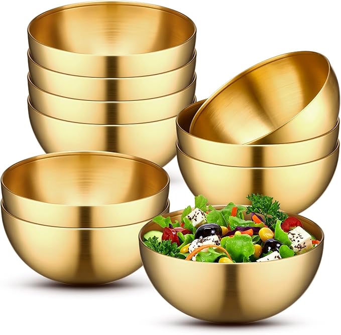 Nuogo 10 Pcs Stainless Steel Mixing Bowls Decorative Esthetician Bowls for Wedding Party Baking Prepping Serving Facial Food Salad Fruit Snack Soup Cereal(7.9 Inch,Gold)