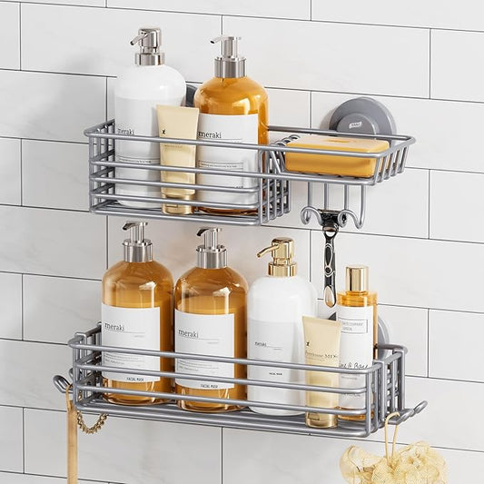 TAILI Shower Caddy Suction Cup 2 Pack with Hooks & Soap holder, Heavy Duty Shower Organizer for Bathroom, No Drilling Bathroom Organizer with Large Capacity, Metal Storage Basket-Grey