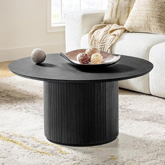 HULALA Home Round Coffee Table, Wood Coffee Table with Vertical Slat Base, Modern Coffee Table for Living Room and Lounge Room, Charcoal