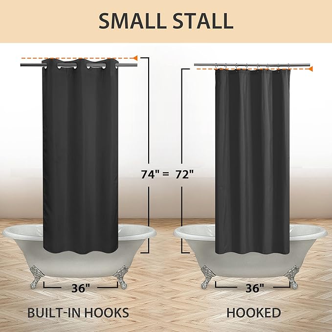 River Dream Stall Size No Hook Black Shower Curtain Soft Microfiber - 36" Wide Small Fabric Shower Curtain Set for Narrow Stall, Waterproof & Washable, Bottom Magnets, Black, 36x74