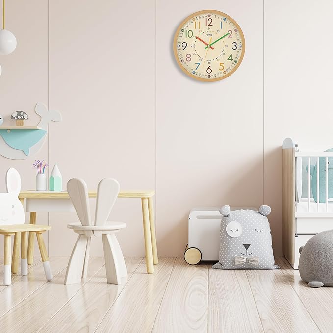 Foxtop Kids Wall Clock 12 Inch Silent Non-Ticking Battery Operated Colorful Childrens Wall Clock for Classroom Playroom Nursery Bedrooms Kids Room School