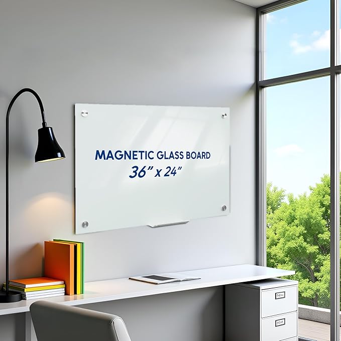 Loukin Glass Whiteboard for Wall, Magnetic Dry Erase Glass Board, Framless Surface White Board for Office, School, Dry Erase Whiteboard Set Includes Cleaner & Eraser & Marker (24" x 36")