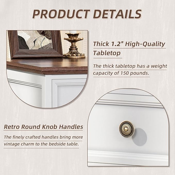 24" Wide Farmhouse Night Stand Set of 2,Large End Table with 3 Drawers & Metal Handle,White Wood Dresser for Bedroom, Bed Side Table Chest of Drawers Cabinet, Nightstand for Living Room,Closet