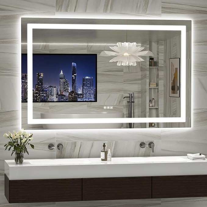 LED Mirror for Bathroom, 55x36 Inch Backlit + Front Lighted Bathroom Vanity Mirror with Lights, Double Light Strips, 3 Colors, Shatter-Proof, Anti-Fog and Brightness Memory