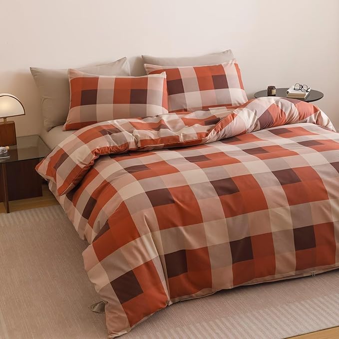Orange Beige Checkered Comforter Set King Size Brown Plaid Bedding with Matching Pillows Modern Minimalist Bedroom Decor Soft & Breathable, King Size