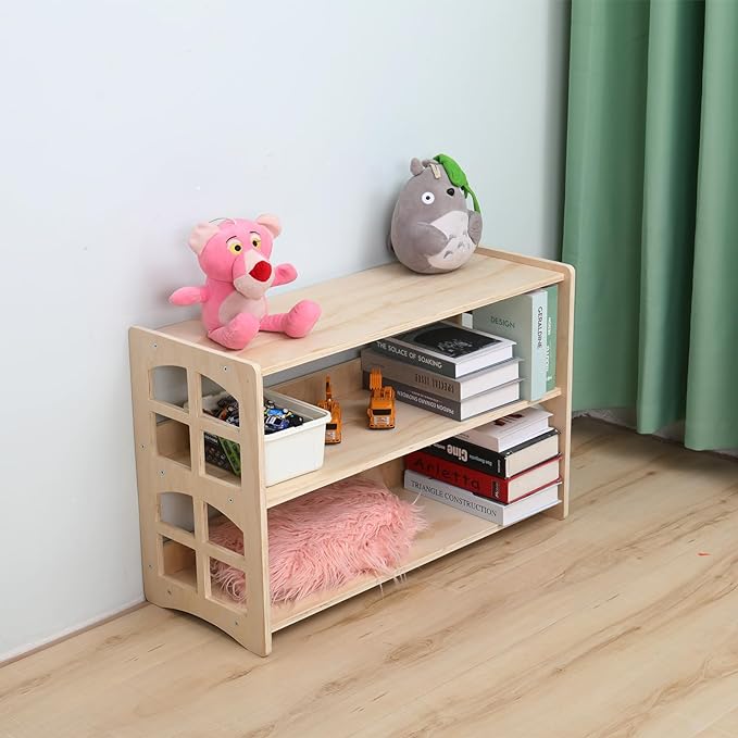 Montessori Bookshelf Toy Shelf Kids Storage Organizer for Toys Book Shelves for Kids Room Sturdy and Safe Toddler Wood Classroom Furniture Bookcases (3Tier)