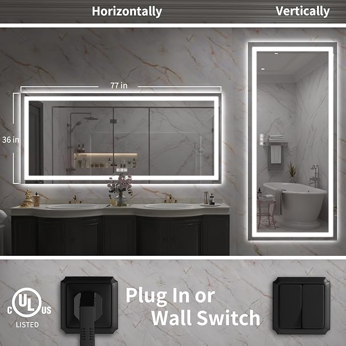 LED Mirror for Bathroom, 77x36 Inch Backlit + Front Lighted Bathroom Vanity Mirror with Lights for Wall, Double Light Strips, 3 Colors, Shatter-Proof, Anti-Fog and Brightness Memory