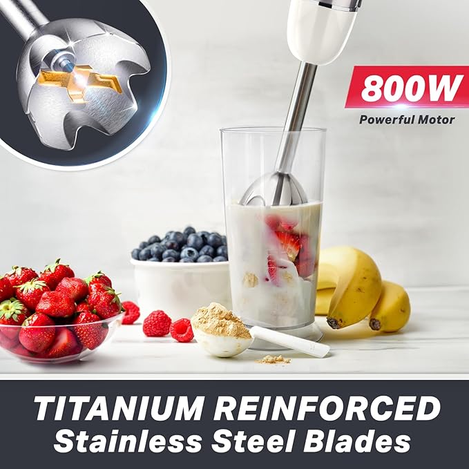 Mueller Multistick 800W 5-in-1 Immersion Blender Handheld, 12 Speed Hand Mixer - Turbo Boost, Heaviest Duty Copper Motor, Titanium Blades Blenders for Kitchen, Milk Frother Wand, Whisk, White