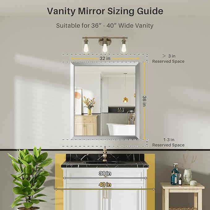 36x32 Inch Silver Bathroom Mirror for Wall, Thick Metal Framed Rectangle Mirrors for Over Sink, Bedroom, Living Room, Entryway, Anti-Rust, HD Tempered Glass